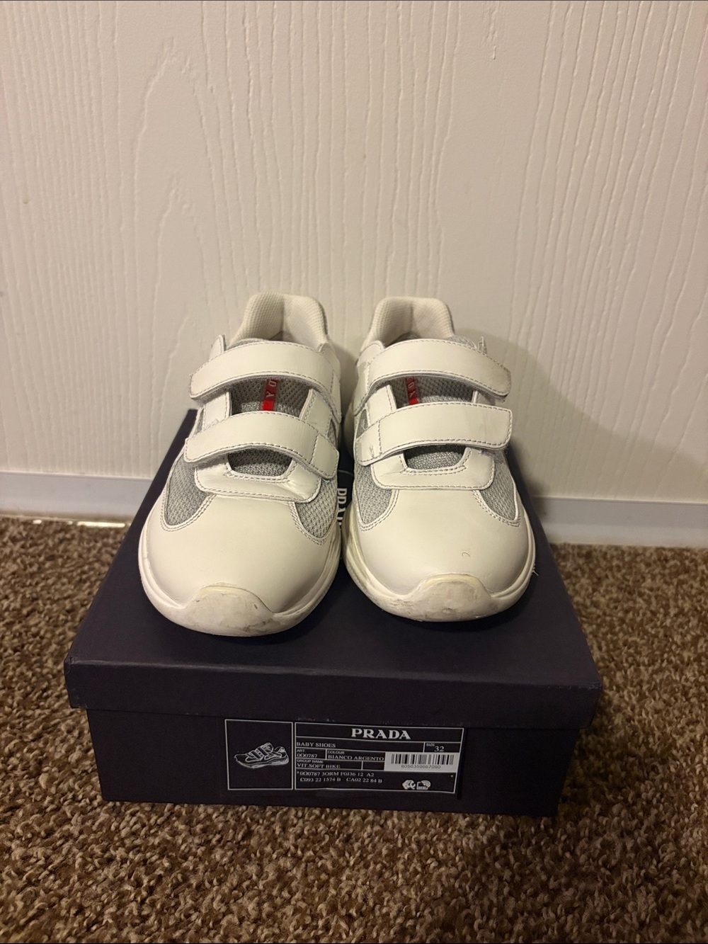 Prada Kids White and Gray Leather Mesh Velcro Sneakers
